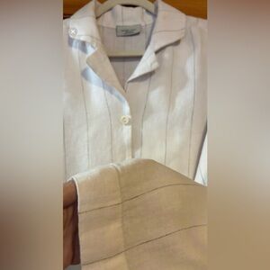 VTG 90’s Rough Linen 4 Button Long Sleeve White Shirt/Jacket W Brown Pinstripes